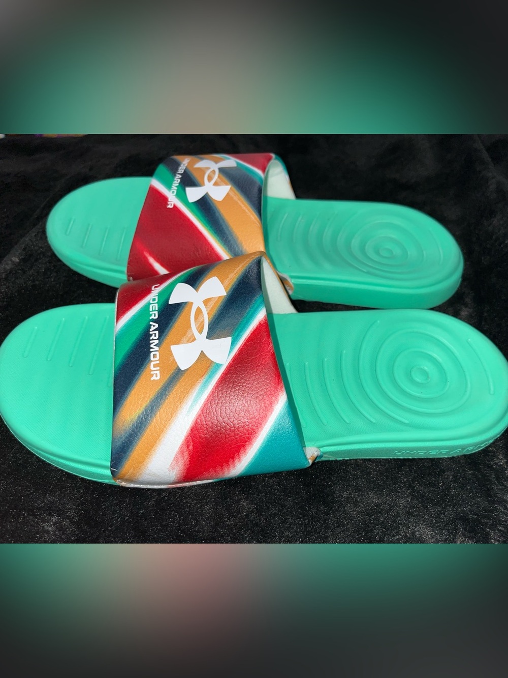 Under Armour Teal Slides with Red, Orange & Navy Striped Strap